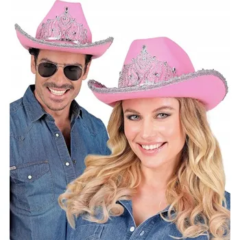Karnevalový doplněk RŮŽOVÝ KOVBOJSKÝ KLOBOUK ZDOBENÝ SRBNOU TIÁROU FLITRY PÁRTY KARNEVAL