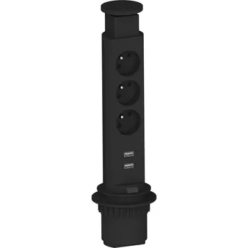 Napájecí kabel PRODLUŽOVACÍ KABEL ZÁSUVKA DO STOLU REJS ELEKTRIMA TUBUS ZAPUŠTĚNÁ 3x ZÁSUVKA 2xUSB ČERNÁ