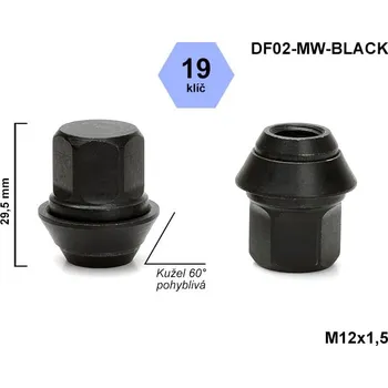 Matice na kolo Kolová matice M12x1,5 FORD, VOLVO, kužel, pohyblivá, klíč 19, DF02-MW-BLACK uzavřená, výška 29,5