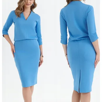 Dámské šaty STYLOVÉ DÁMSKÉ ŠATY DO PRÁCE MIDI ELEGANTNÍ POUZDROVÉ MODRÉ 38 M