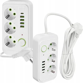 Napájecí kabel Prodlužovací Kabel bílý, 3 zásuvky s uzemněním a vypínačem, kabel 3m, 5xUSB