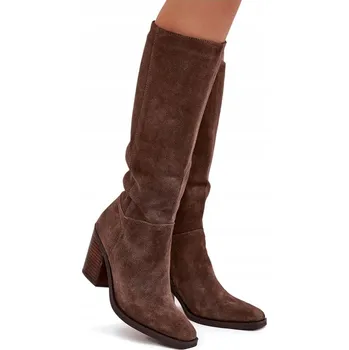 Dámské kozačky Dámské kozačky na sloupkovém podpatku, semišové, nad koleno, na zip, hnědé, velikost 41
