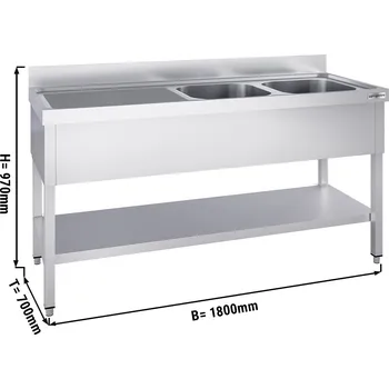 Kuchyňská skříňka G.Gastro Dřezová skříňka PREMIUM z nerezové oceli - se spodní policí - 1,8 m - 2 dřezy vpravo - D 50 x Š 50 x H 30 cm