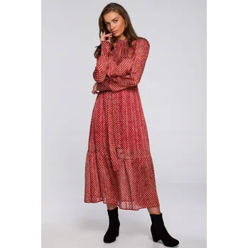 Dámské šaty ELEGANTNÍ DÁMSKÉ ŽENSKÉ ŠATY MIDI ŠIFONOVÉ S PUNTOVANÝM VZOREM ČERVENÉ 42 XL