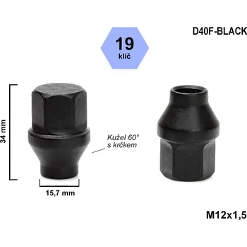 Matice na kolo Kolová matice M12x1,5 kužel s krčkem 15,7 zavřená, klíč 19, D40F-BLACK, výška 34 mm, délka krčku 6 mm, černá