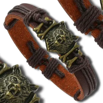 Náramek Męska bransoletka skórzana eko skóra hnědý, nastavitelný, provázkový s vlkem