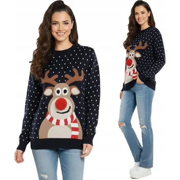 Dámský svetr Vánoční svetr tmavě modrý s jelenem a 3D bambule na nose, dámský, teplý, velikost 4XL