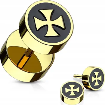 Náušnice FAKE Plug podvodný zlatý tunel maltézský kříž 8mm náušnice do ucha