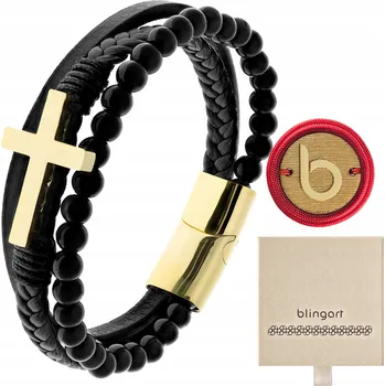 Náramek Pánský náramek černé korálky s křížkem, pozlacený BLINGART