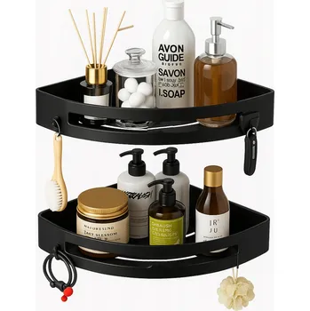 Koupelnový nábytek Rohová koupelnová police BOTC kovová černá, lepená, s háčky