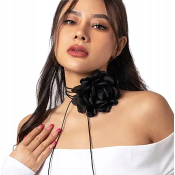 Náhrdelník Ozdobný náhrdelník CHOKER s růží – elegantní černý květ na krk, na řemínku