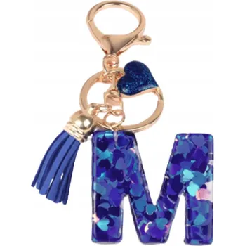 Brelok litera M Niebieski – ozdobný doplněk se srdíčkem a střapcem