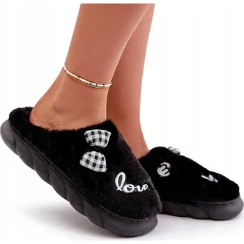 Dámské pantofle DÁMSKÉ ZATEPLENÉ PANTOFLE S NÁŠIVKAMI A MAŠLIČKAMI TEPLÉ ČERNÉ 38/39