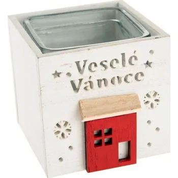 Svícen Dřevěný svícen se sklem Veselé Vánoce, 9 x 8,5 cm, bílá