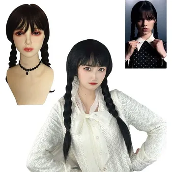 Karnevalová paruka Černá paruka Wednesday Addamsová Adamsová s copy a ofinou, dva copy