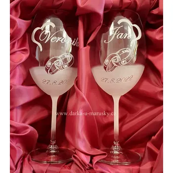 Svatební dekorace Svatební skleničky na víno 350ml - Prstýnky a srdíčko č.3