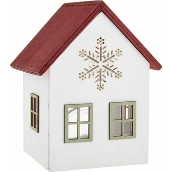 Vánoce Dřevěný svícen se sklem Domek s vločkou, 15 cm, červená