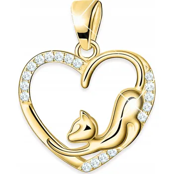 Přívěsek Zlatý přívěsek na řetízek Kočka Kotě a Srdce se Zirkony STŘÍBRO 925