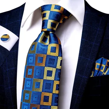 Kravata Hedvábná žakárová sada: kravata, manžetové knoflíčky, kapesníček – safírová zlatá, čtvercový vzor