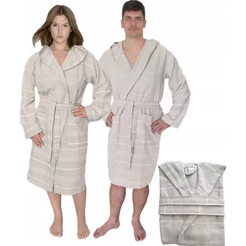 Dámský župan Béžový vzdušný Szlafrok Hamam s kapucí UNISEX velikost L 100% bavlna