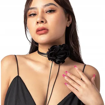 Náhrdelník Ozdobný náhrdelník CHOKER s RŮŽÍ na krk, KVĚTINA na černém řemínku