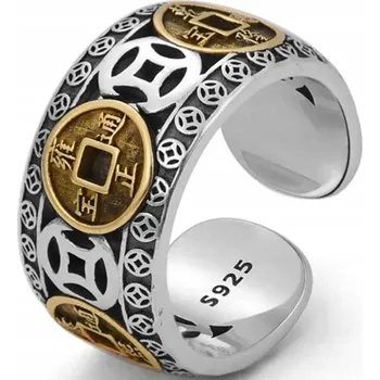 Prsten Stříbrný signet Čínský prsten Zlaté mince štěstí Ocel