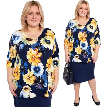 Tmavě modrá halenka se žlutými květy a ozdobou, velikost 60/62