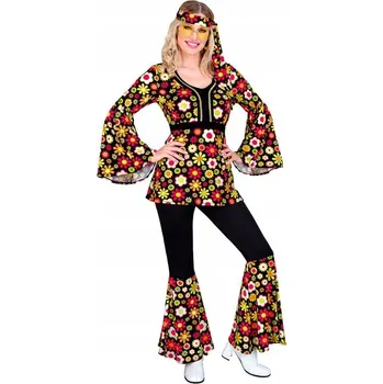 Karnevalový kostým Kostým dámský 60. 70. léta hippie groovy černý s barevnými sedmikráskami M