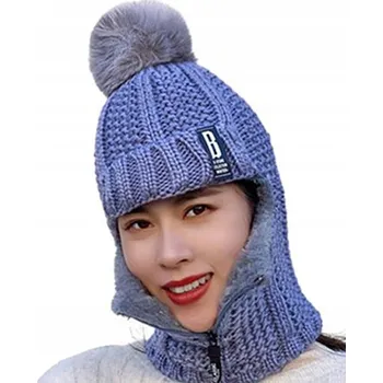 Čepice ZIMNÍ ČEPICE S NÁKRČNÍKEM DÁMSKÁ KUKLA S BAMBULKOU A FLEECEM, NA ZIP