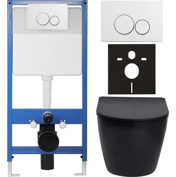 WC sada CERANO - Kompletní podomítkový WC set Lite/Verde - černá matná - WC tlačítko Duo, bílá - předstěnová instalace - 49x36 cm