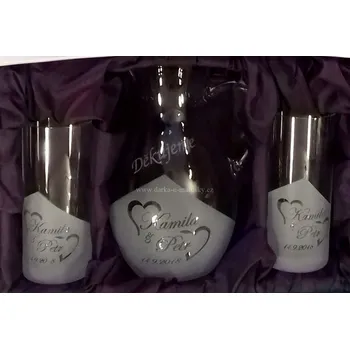 Svatební pískovaná nápojová souprava - Berenika - Děkujeme - Džbán 2+1 long.