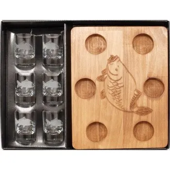 Sada 6+1 skleničky likér - dekor ryby + podnos dřevo