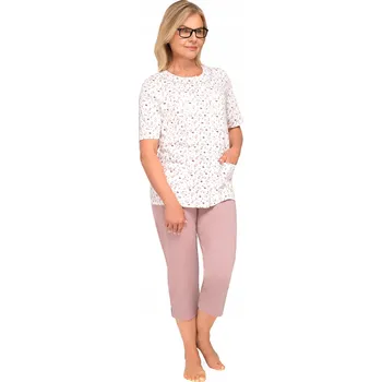 Dámské noční prádlo Dámské pyžamo M CAPPUCCINO s květinami, rozepínací, krátký rukáv, kalhoty BAVLNA
