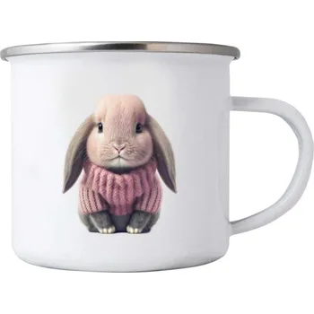 Bílý plechový hrnek 380ml s obrázkem - králíček ve svetru