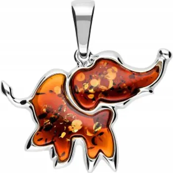 Přívěsek Stříbrný Slon Přívěsek s Baltským Jantarem Závěs na Řetízek Slon