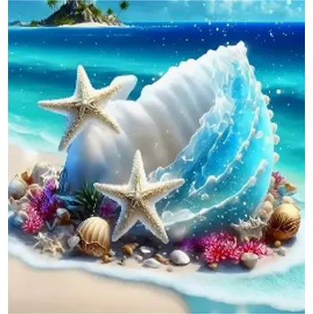 Obraz Diamantová mozaiková výšivka Kreativní mušle z vln na Rajském ostrově 30x40 cm