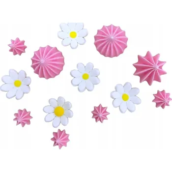 Jedlá dekorace na dort MINI SADA SNĚHOVÉ PUSINKY A KVĚTŮ BÍLO-RŮŽOVÉ CUKROVÉ DEKORACE NA DORT