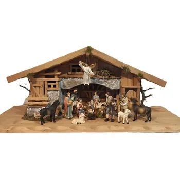 Vánoce Dřevěný betlém 85 cm mořený a figurky 12 cm 14 ks polyresin (Zvýhodněný komplet)