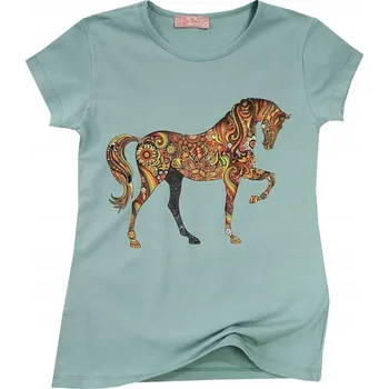 DÍVČÍ TRIČKO S KRÁTKÝM RUKÁVEM VZOROVANÝ KŮŇ máta 140 T001K