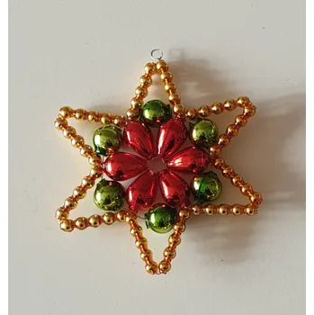 Vánoční ozdoba Vánoční hvězda "HUDEROVKA" - červená/zlatá/zelená (vánoční ozdoby z dutých perlí)