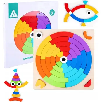 Dřevěná hračka DŘEVĚNÁ SKLÁDAČKA PRO DĚTI ROZVÍJEJÍCÍ PUZZLE DUHOVÉ KRUHOVÉ