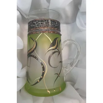 Sklenice Pivní korbel 0,6l ucho - zelená barva s květem