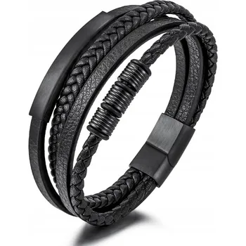 Náramek Černý náramek z pletené kůže s černou kovovou destičkou 23 cm