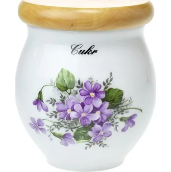 Dóza na potraviny Dóza buclatá 400 ml s dřevěným víčkem "Cukr" fialky