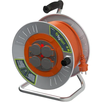 Prodlužovací kabel Profesionalní kovový naviják s měděným kabelem 3x2,5 mm2, IP44 s ochranou proti přetížení, proud 16 A typ Schuko se 4 zásuvky, délka 50M, barva kabelu: oranžová