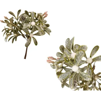 Vánoční dekorace Zelená větvička s bílými bobulemi a sněhovým popraškem 18 cm