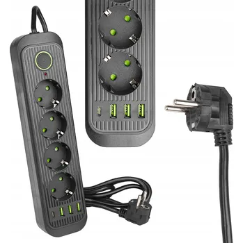 Napájecí kabel PRODLUŽOVACÍ KABEL ZÁSUVKOVÁ LIŠTA 4 ZÁSUVKY 3xUSB-A + 1xUSB-C ČERNÁ LVT