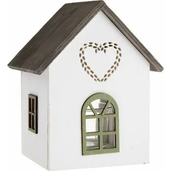 Svícen Dřevěný svícen se sklem Domek se srdíčkem, 15 cm, zelená