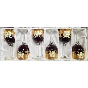 Sklenice Skleničky na víno rubín 200ml - zdobené kytičkami a zlatem - ručně malované sklo - (sada 6ti kusů)