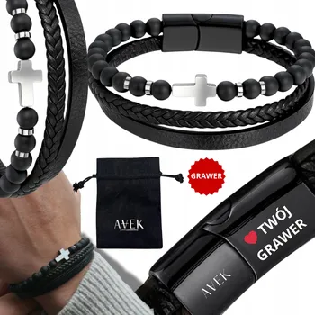 Náramek PÁNSKÝ KOŽENÝ NÁRAMEK S GRAVÍROVÁNÍM GRAVÍROVÁNÍ ČERNÝ KŘÍŽ NA DÁREK 19 CM